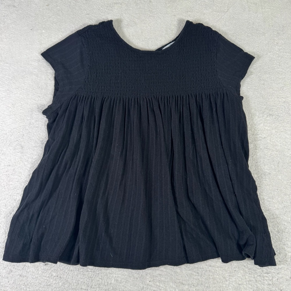 Time and Tru Babydoll Top Womens XL 16-18 Black Excellent Smocked Ribbed Boho
